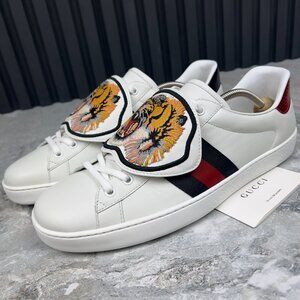 Gucci Ace Web Tiger Sneaker Patch White Leather Python 10 G or 10.5 US 44 EUR